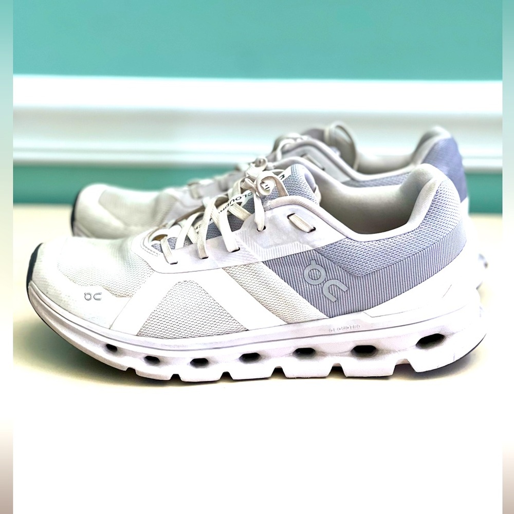 On Running White and Light Gray Athletic Shoes